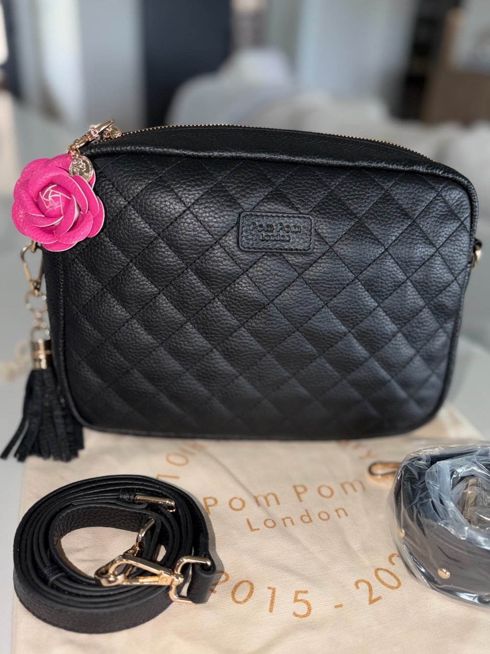 Pom Pom London black quilted leather City Plus Crossbody bag purse